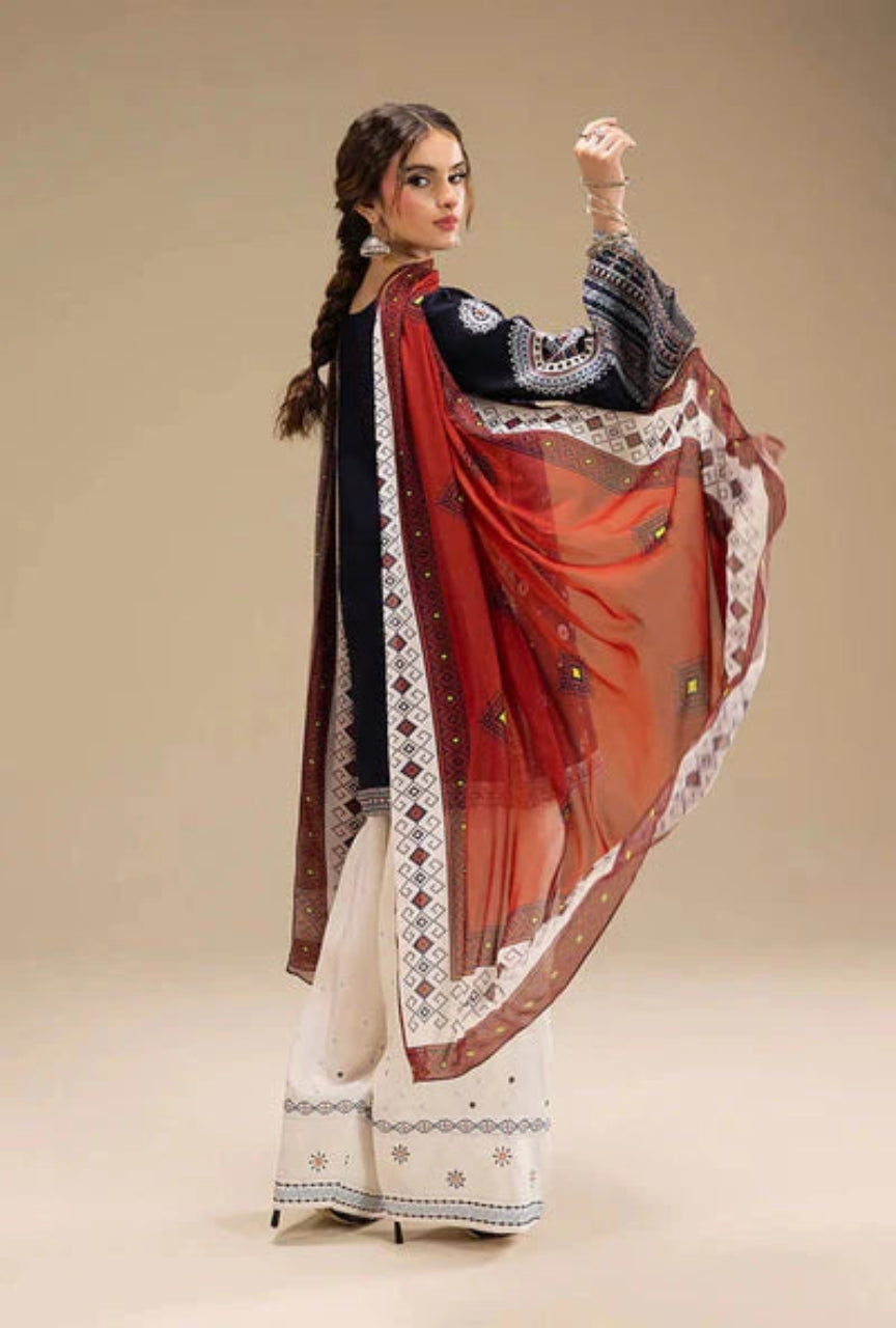 Unstitched 3 Piece Fully Embroidered Dhanak Suit with Printed Monar Dupatta