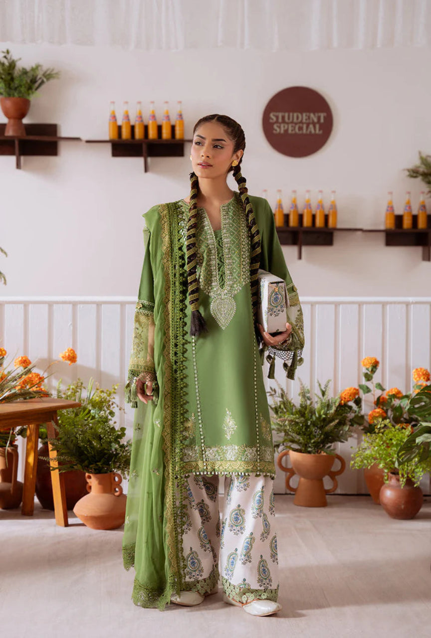 Unstitched 3 Piece Embroidered Lawn Suit With Cotton Net 4 Sided Dupatta