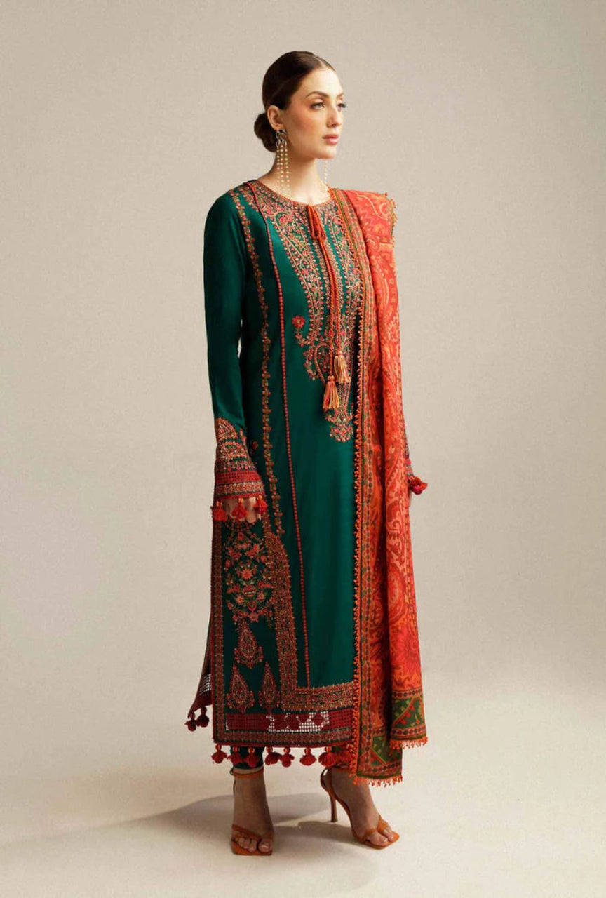 Unstitched 3 Piece Fully Embroidered Dhanak Suit With Printed Woolen Shawl