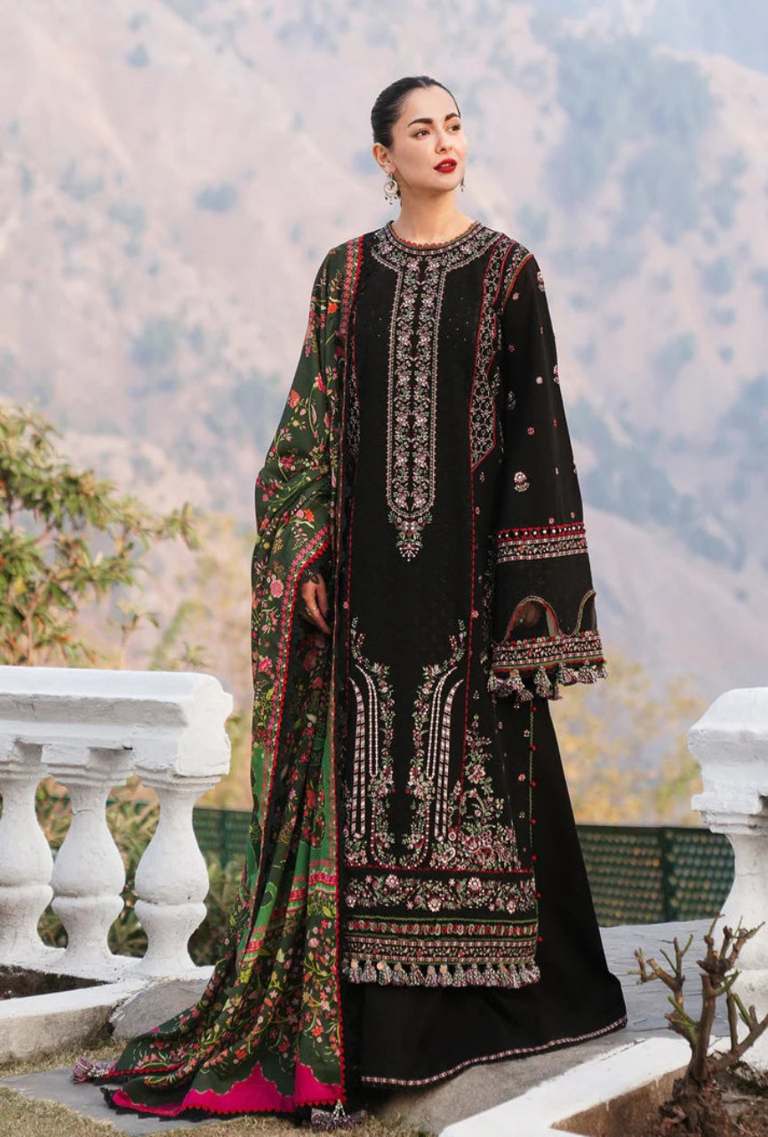 Unstitched 3 Piece Fully Embroidered Dhanak Suit with Printed Woolen Shawl