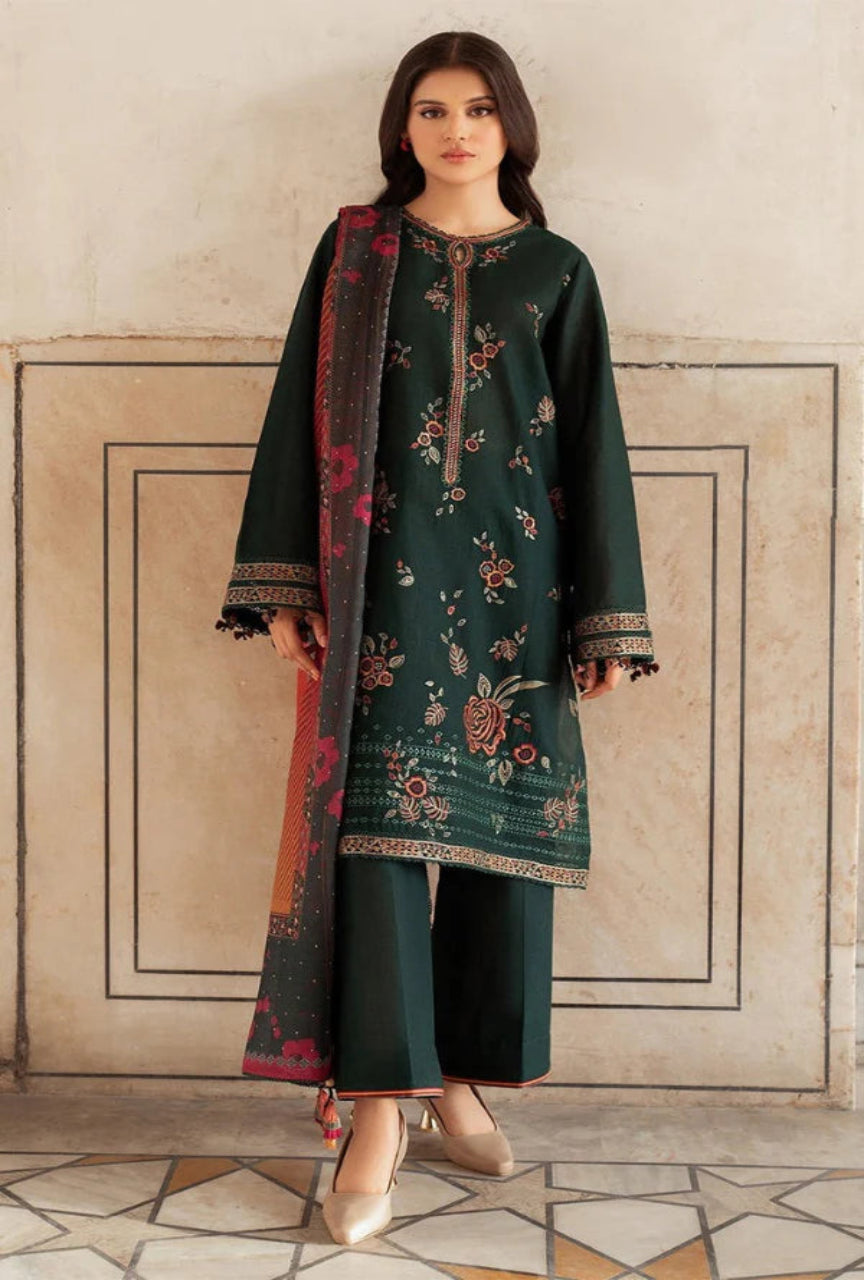 Unstitched 3 Piece Embroidered Dhanak Suit with Printed Wool Shawl