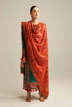 Unstitched 3 Piece Fully Embroidered Dhanak Suit With Printed Woolen Shawl