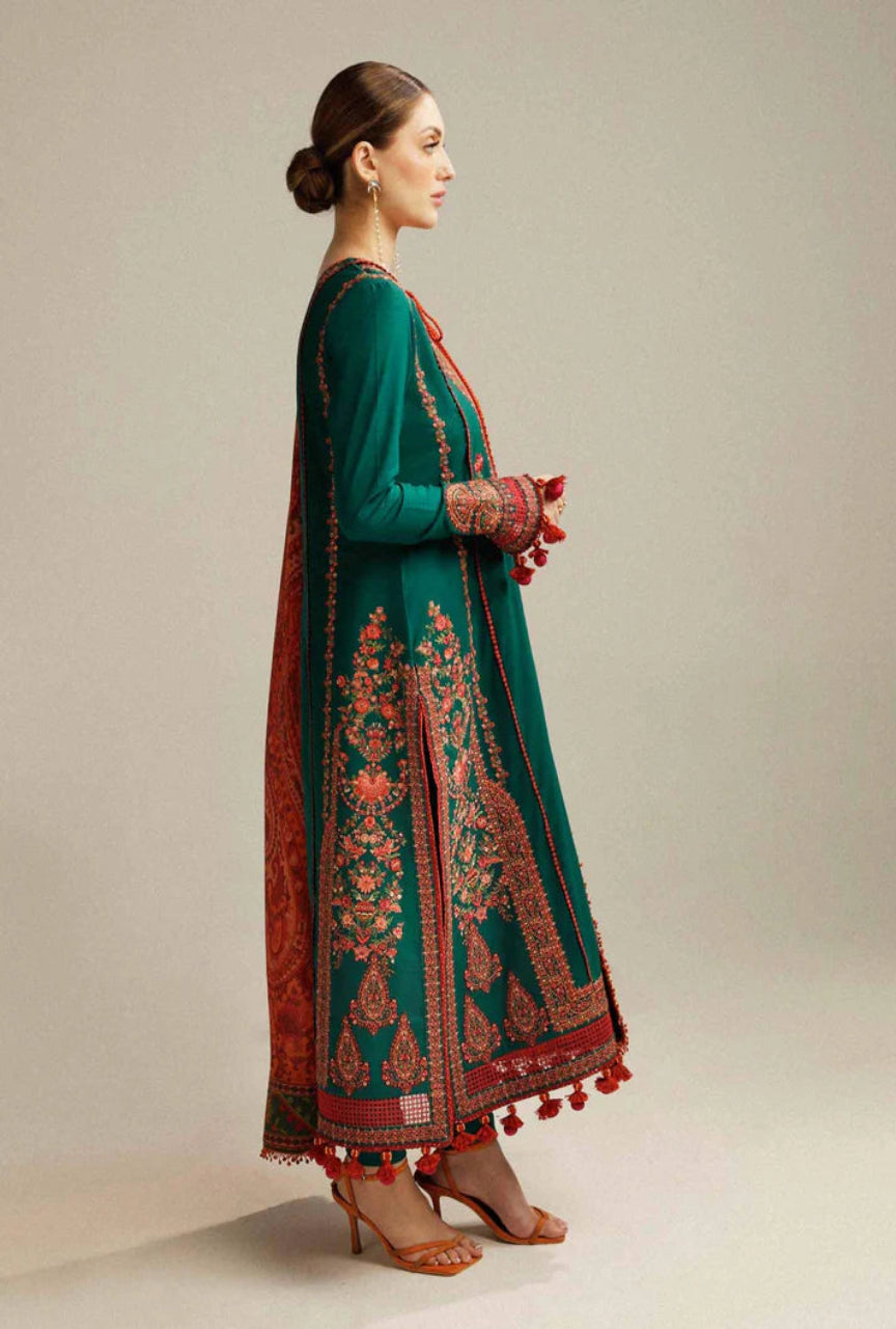 Unstitched 3 Piece Fully Embroidered Dhanak Suit With Printed Woolen Shawl
