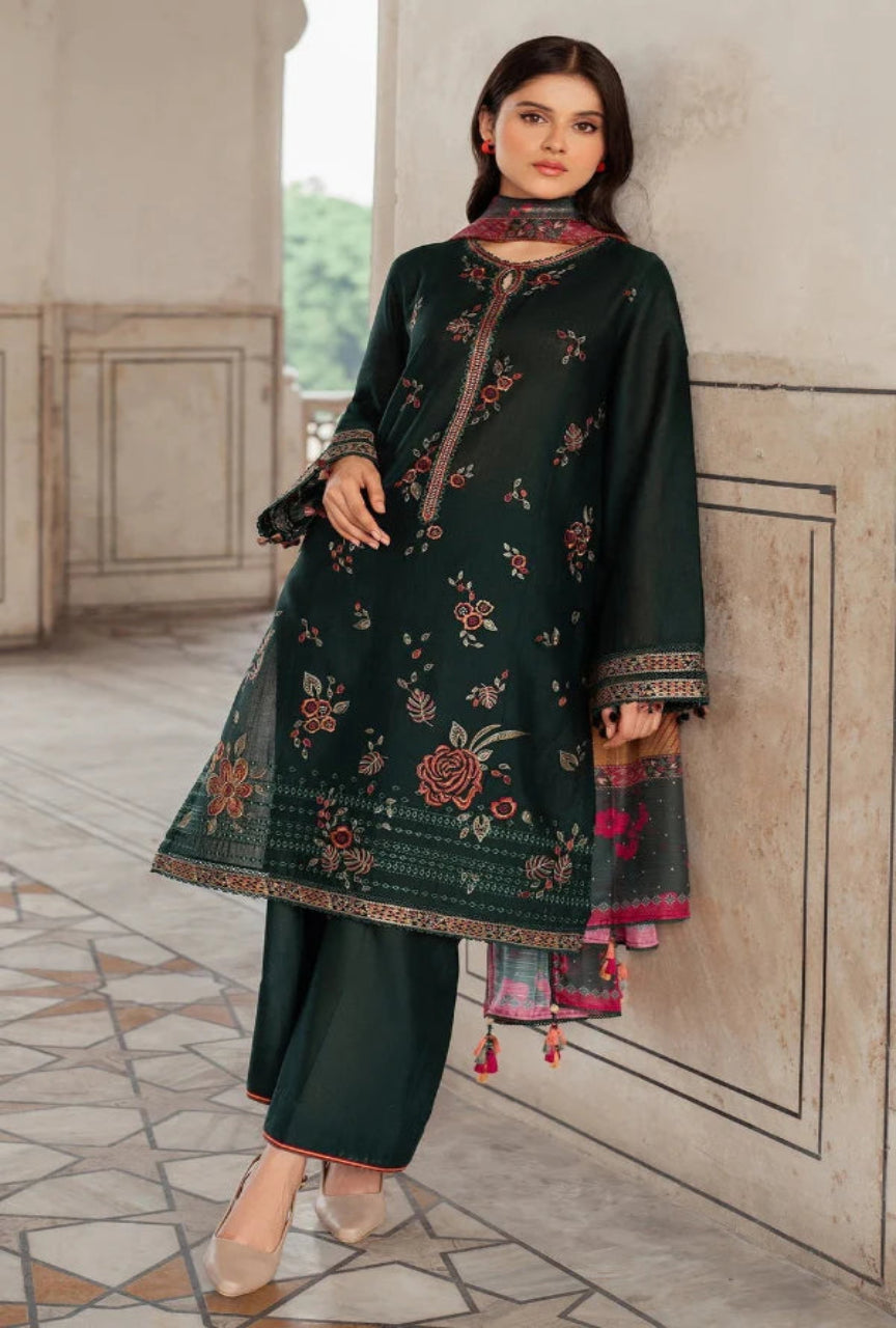 Unstitched 3 Piece Embroidered Dhanak Suit with Printed Wool Shawl
