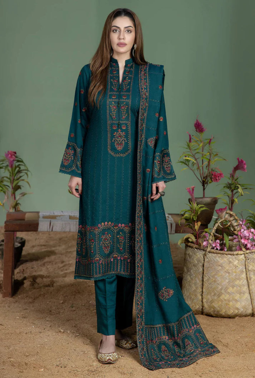 Unstitched 3 Piece Fully Embroidered Dhanak Suit with Embroidered Dhanak Wool Shawl