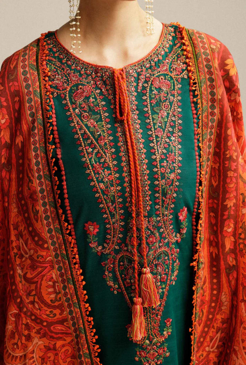 Unstitched 3 Piece Fully Embroidered Dhanak Suit With Printed Woolen Shawl