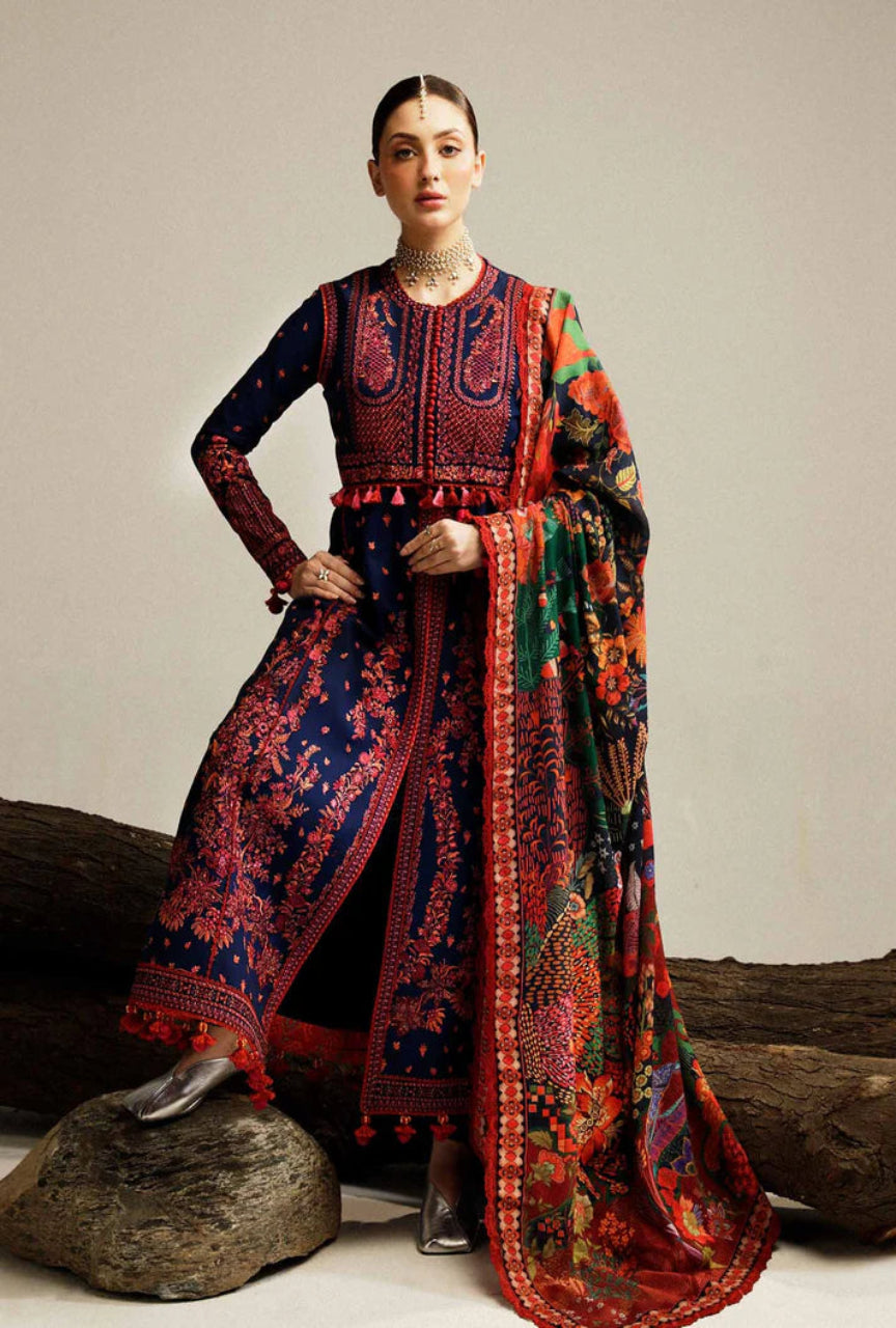Unstitched 3 Piece Fully Embroidered Dhanak Suit with Printed Woolen Shawl