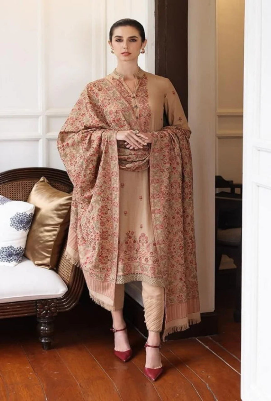 3 Piece Heavy Embroidered Dhanak Wool Suit ( Heavy Embroidered Wool Shawl )