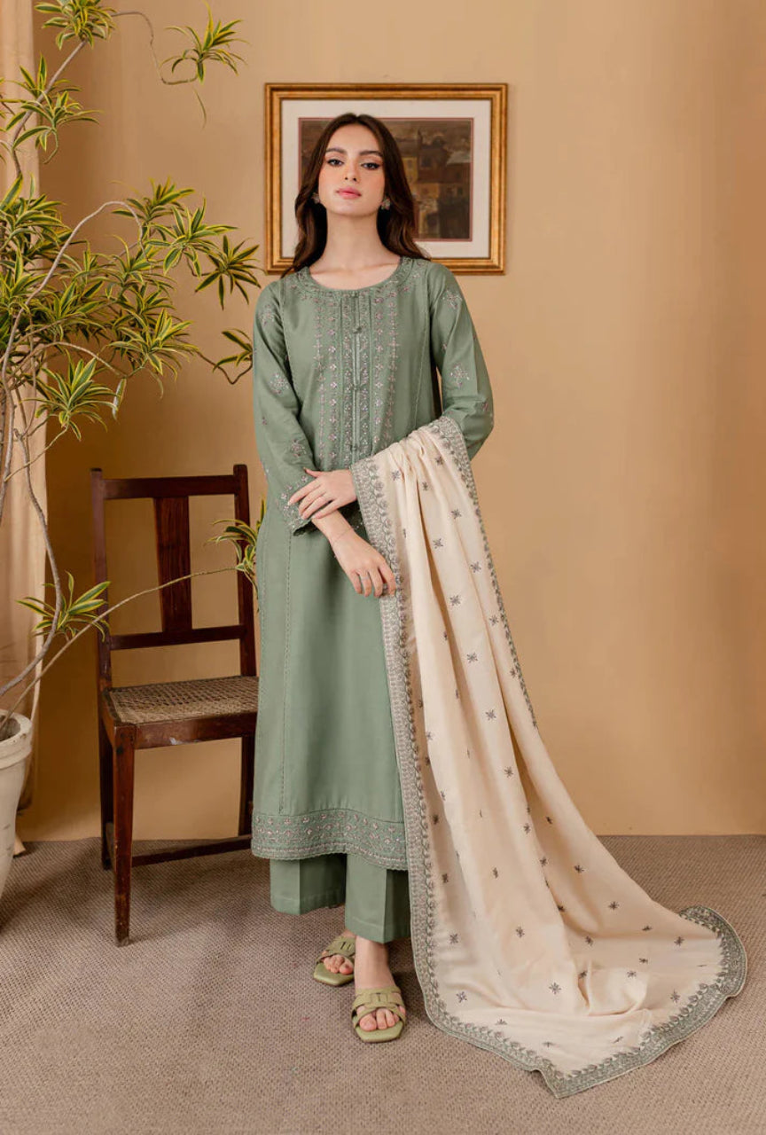 Unstitched 3 Piece Fully Embroidered Dhanak Suit with Embroidered Dupatta