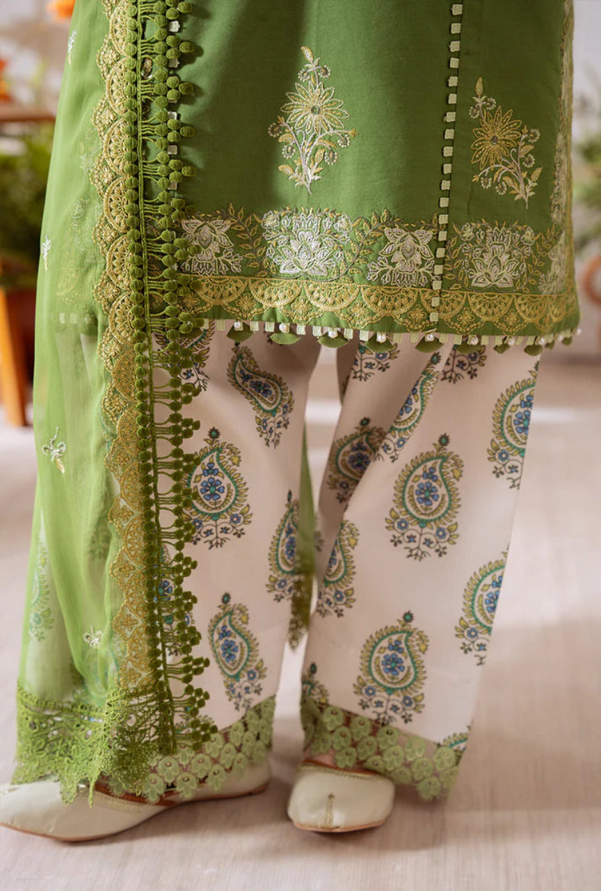 Unstitched 3 Piece Embroidered Lawn Suit With Cotton Net 4 Sided Dupatta