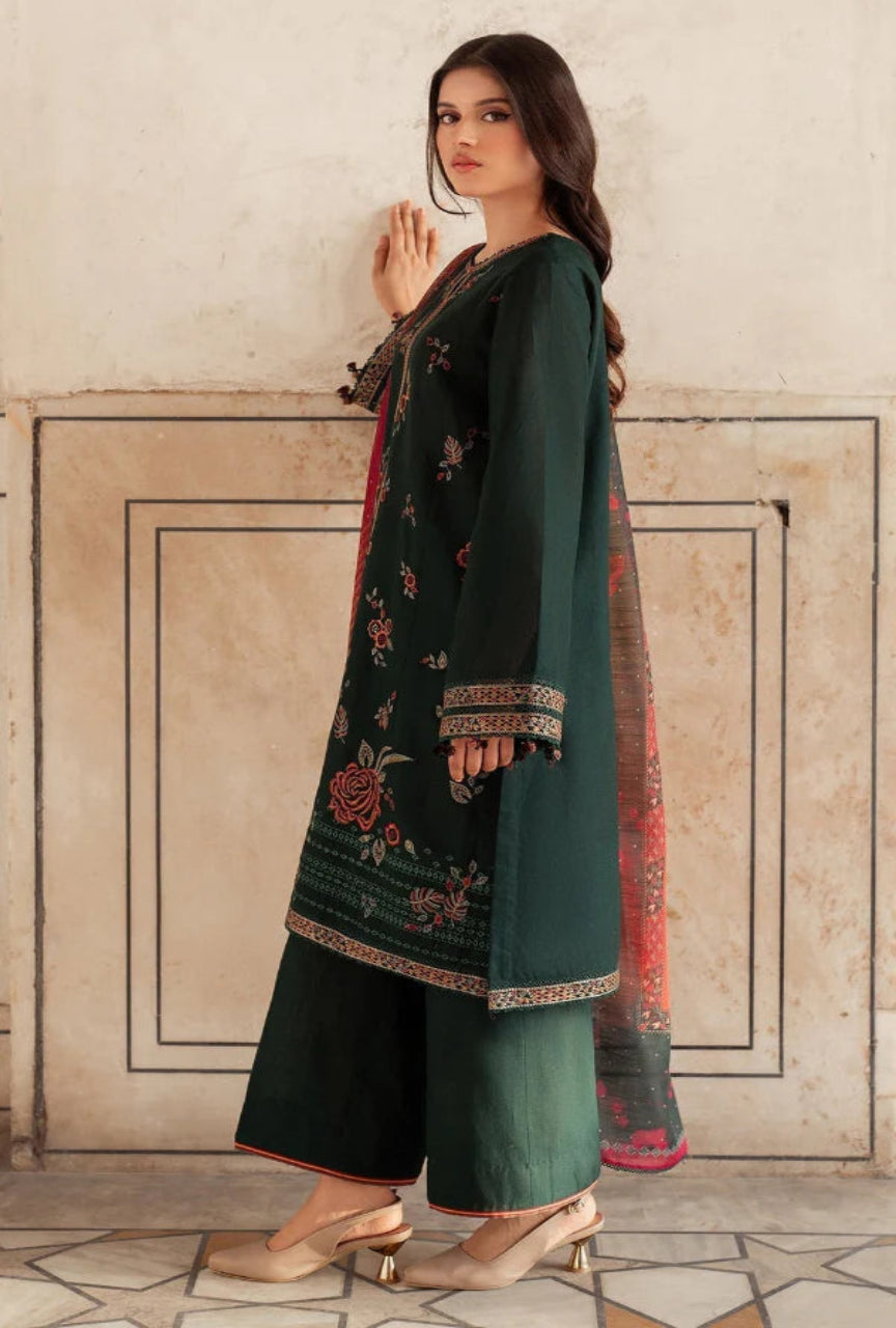 Unstitched 3 Piece Embroidered Dhanak Suit with Printed Wool Shawl