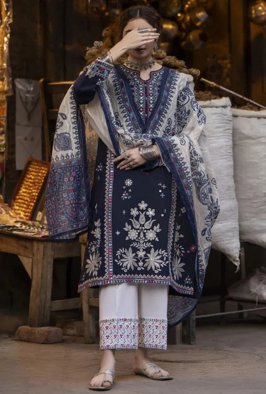 Unstitched 3 Piece Fully Embroidered Dhanak Suit with Printed Wool Shawl