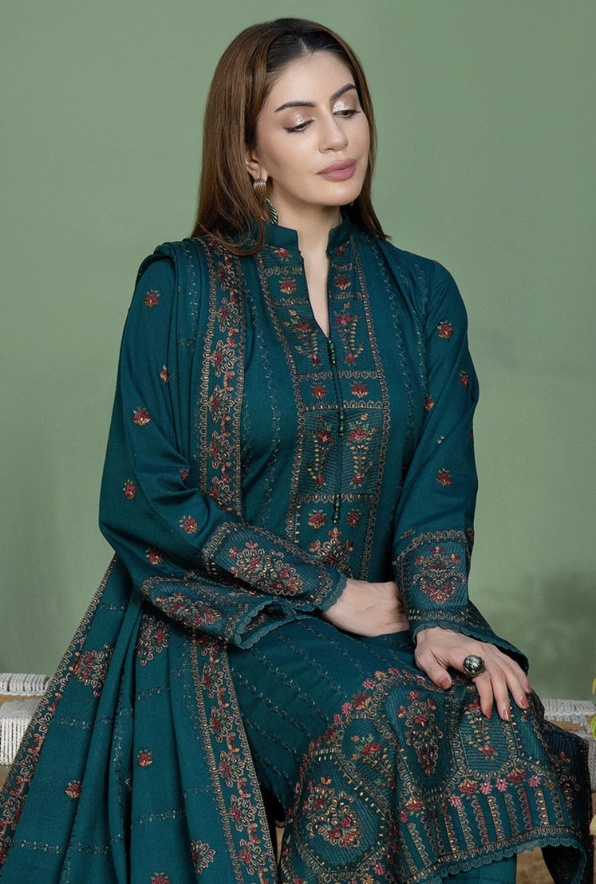 Unstitched 3 Piece Fully Embroidered Dhanak Suit with Embroidered Dhanak Wool Shawl