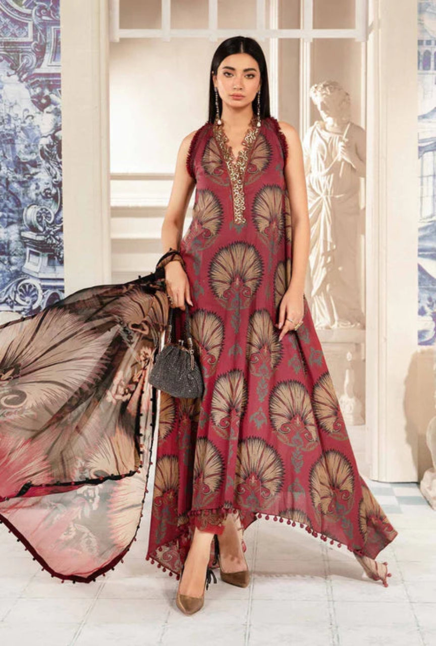 Unstitched 3 Piece Digital Printed Lawn Suit with Voile Dupatta