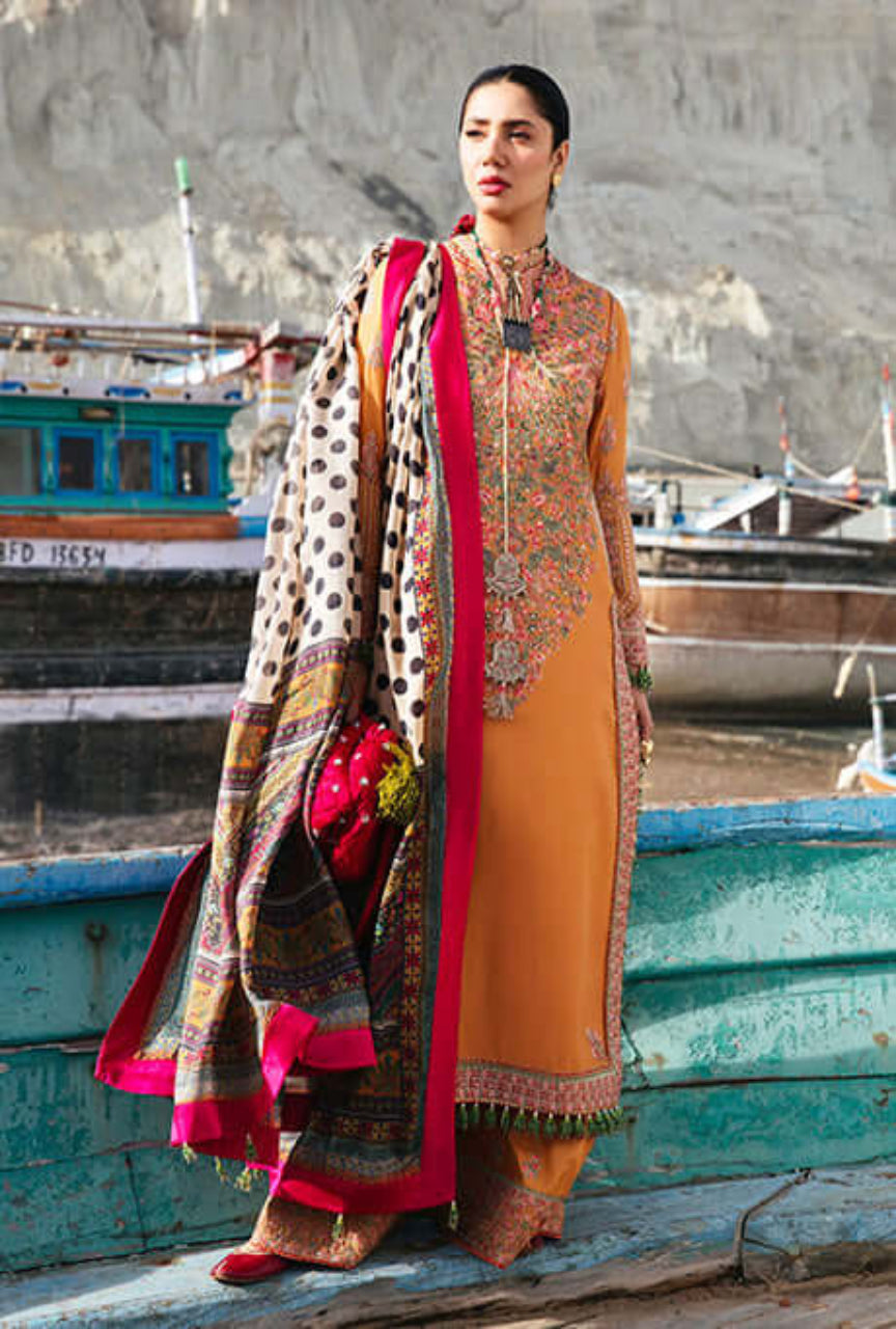 Unstitched 3 Piece Fully Embroidered Dhanak Suit with Printed Woolen Shawl