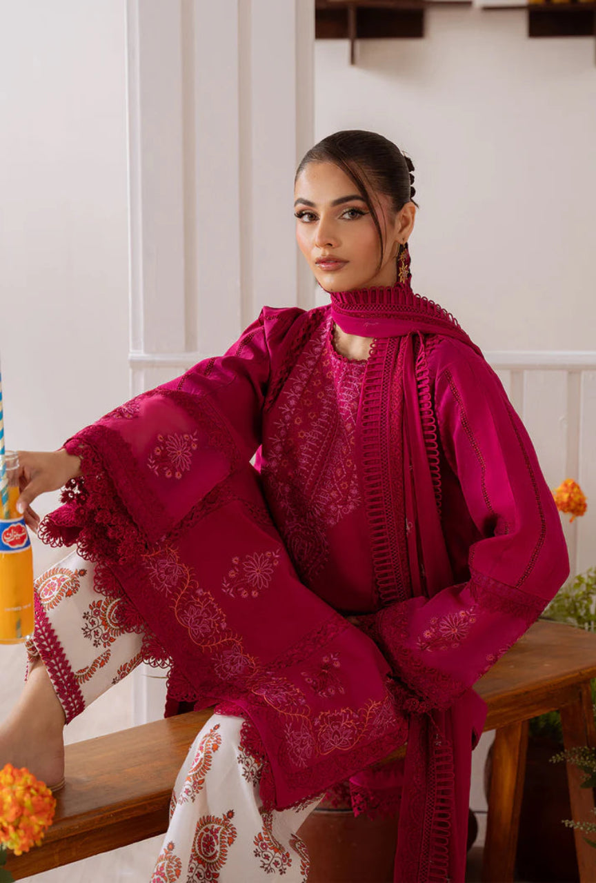 Unstitched 3 Piece Embroidered Lawn Suit With Cotton Net 4 Sided Dupatta