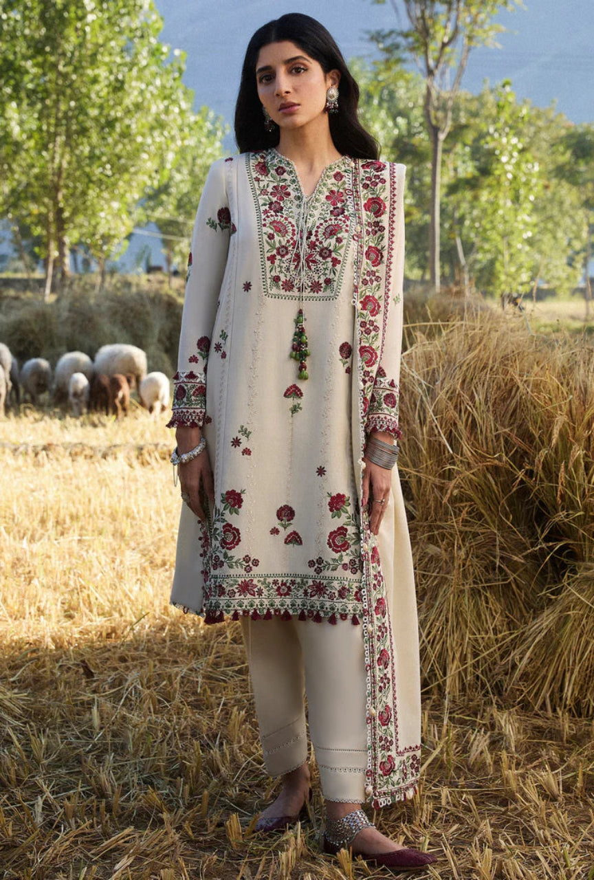 Unstitched 3 Piece Fully Embroidered Dhanak Suit with Embroidered Dhanak Shawl
