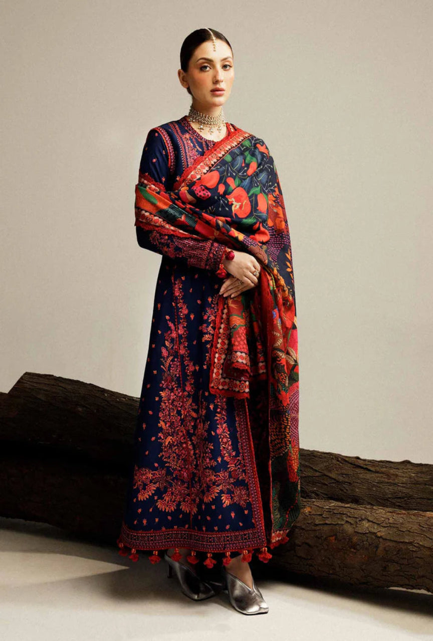 Unstitched 3 Piece Fully Embroidered Dhanak Suit with Printed Woolen Shawl