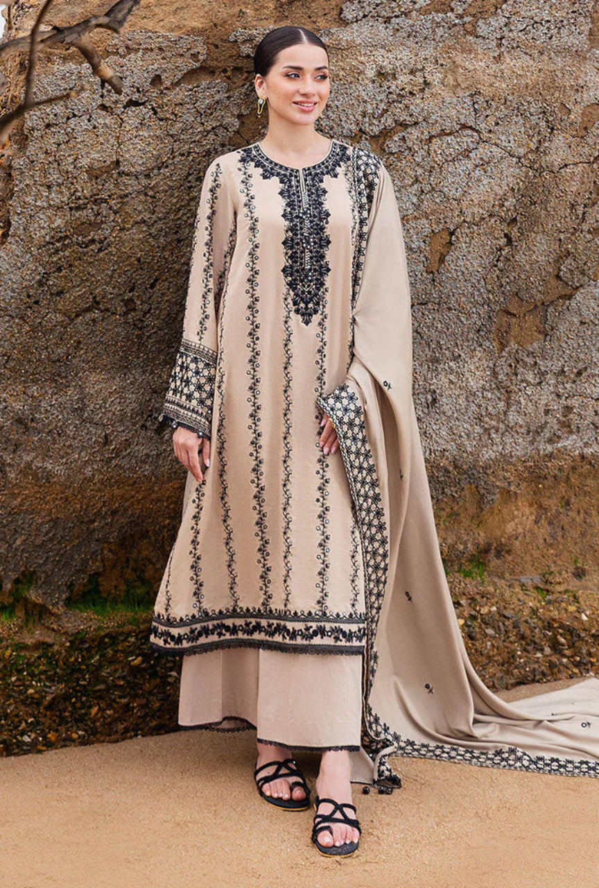 Unstitched 3 Piece Fully Embroidered Dhanak Suit with Embroidered Wool Shawl