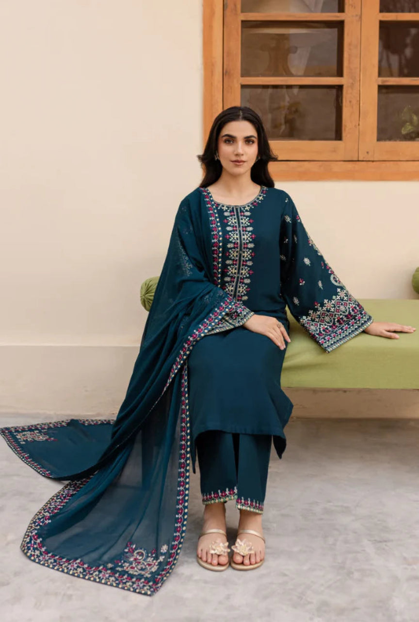 Unstitched 3 Piece Embroidered Dhanak Suit with Embroidered Dhanak Shawl