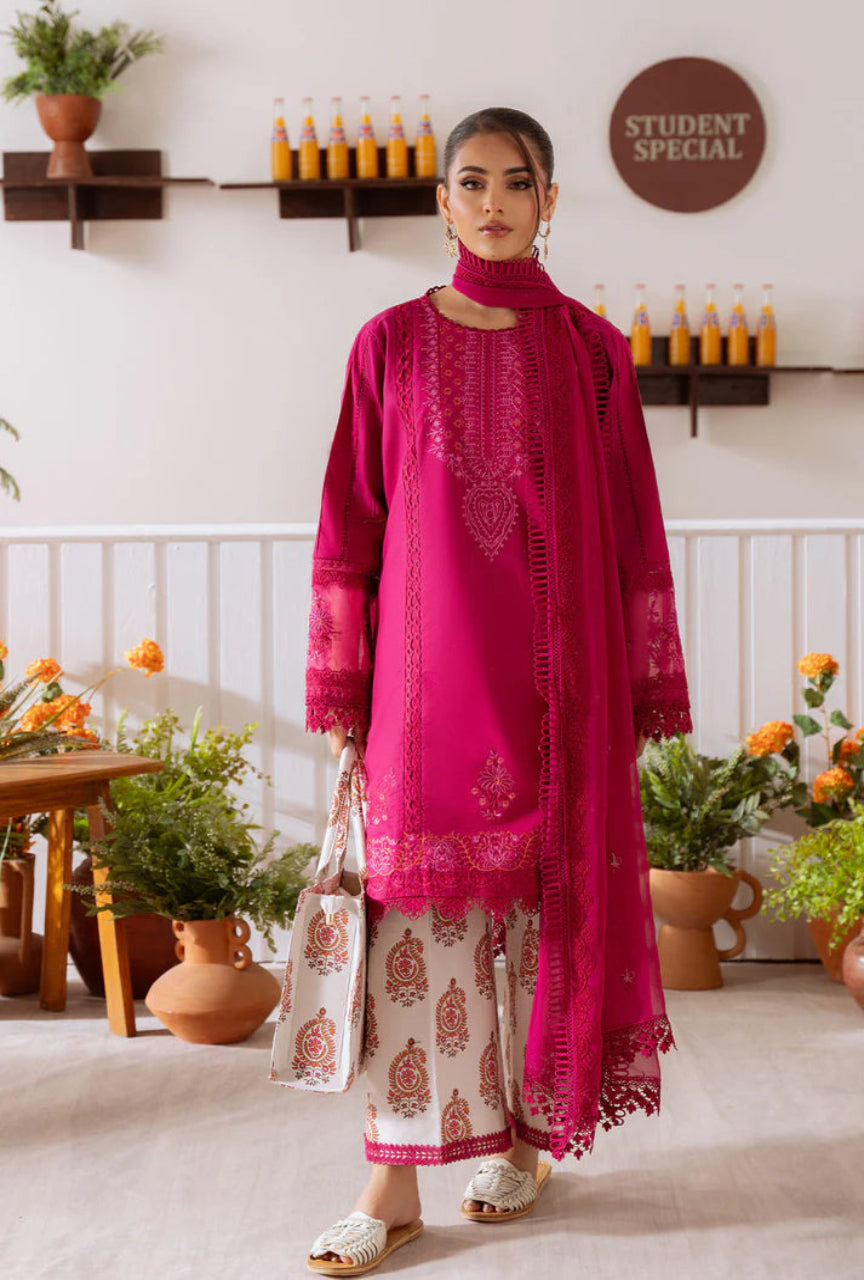 Unstitched 3 Piece Embroidered Lawn Suit With Cotton Net 4 Sided Dupatta