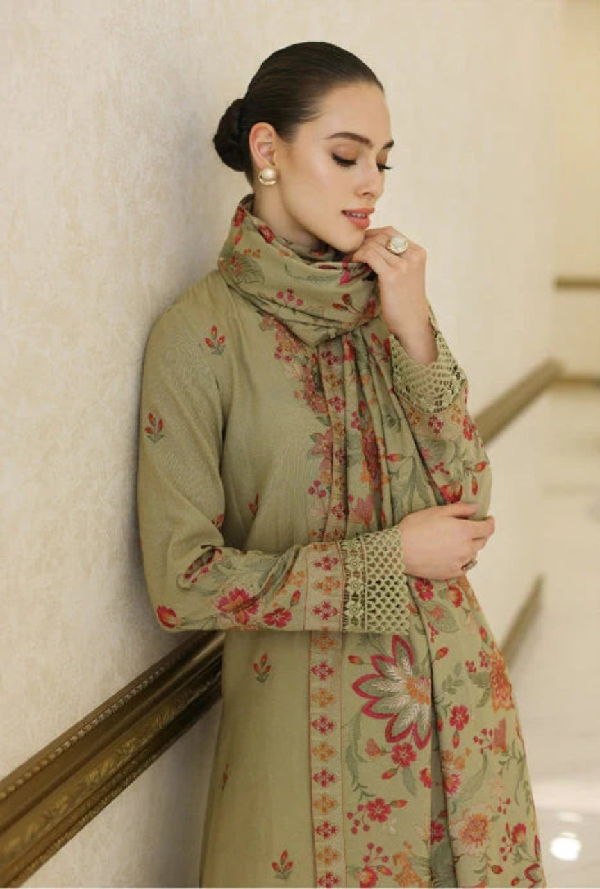 3 Piece Unstitched Heavy Embroidered Dhanak Suit with Heavy Emb Dhanak Wool Shawl