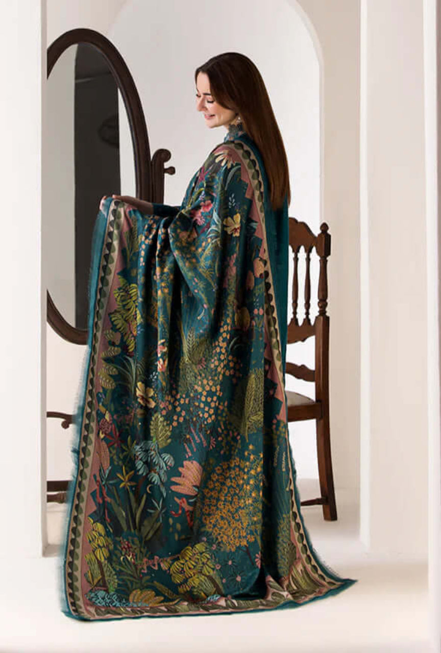 Unstitched Heavy Embroidered Dhanak Suit 3 Piece with Printed Woolen Shawl