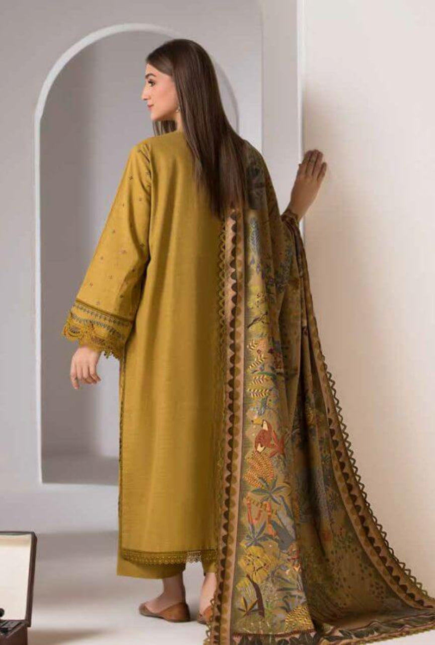 Unstitched 3 Piece Fully Embroided Dhanak suit With Printed Woolen Shawl