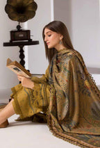 Unstitched 3 Piece Fully Embroided Dhanak suit With Printed Woolen Shawl