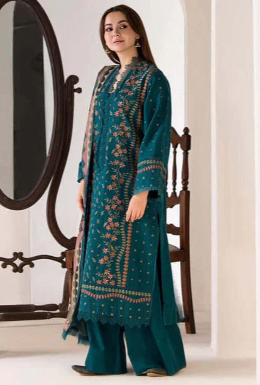 Unstitched Heavy Embroidered Dhanak Suit 3 Piece with Printed Woolen Shawl