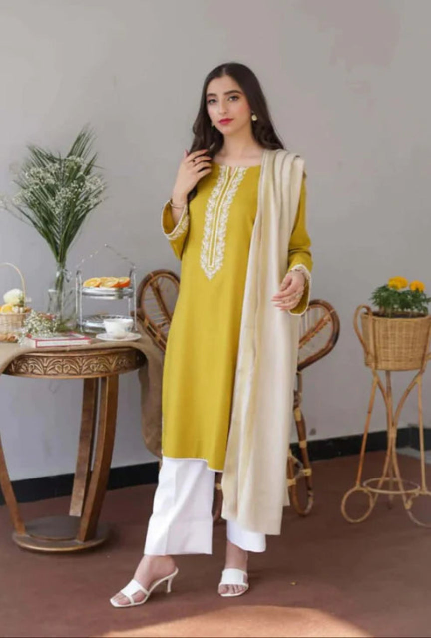 3 Piece Unstitched Heavy Embroidered Dhanak Suit with Dhanak Wool Plain Dyed Shawl